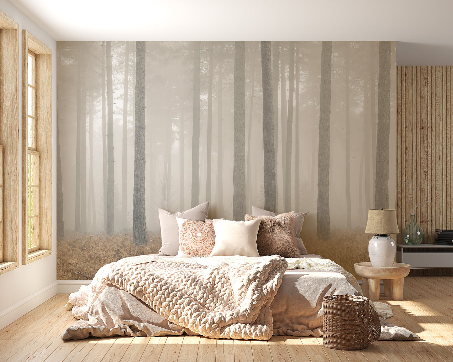 Misty Pines Serenity wallpaper of foggy pine trees behind a bed with cream knit bedding and blush pillows