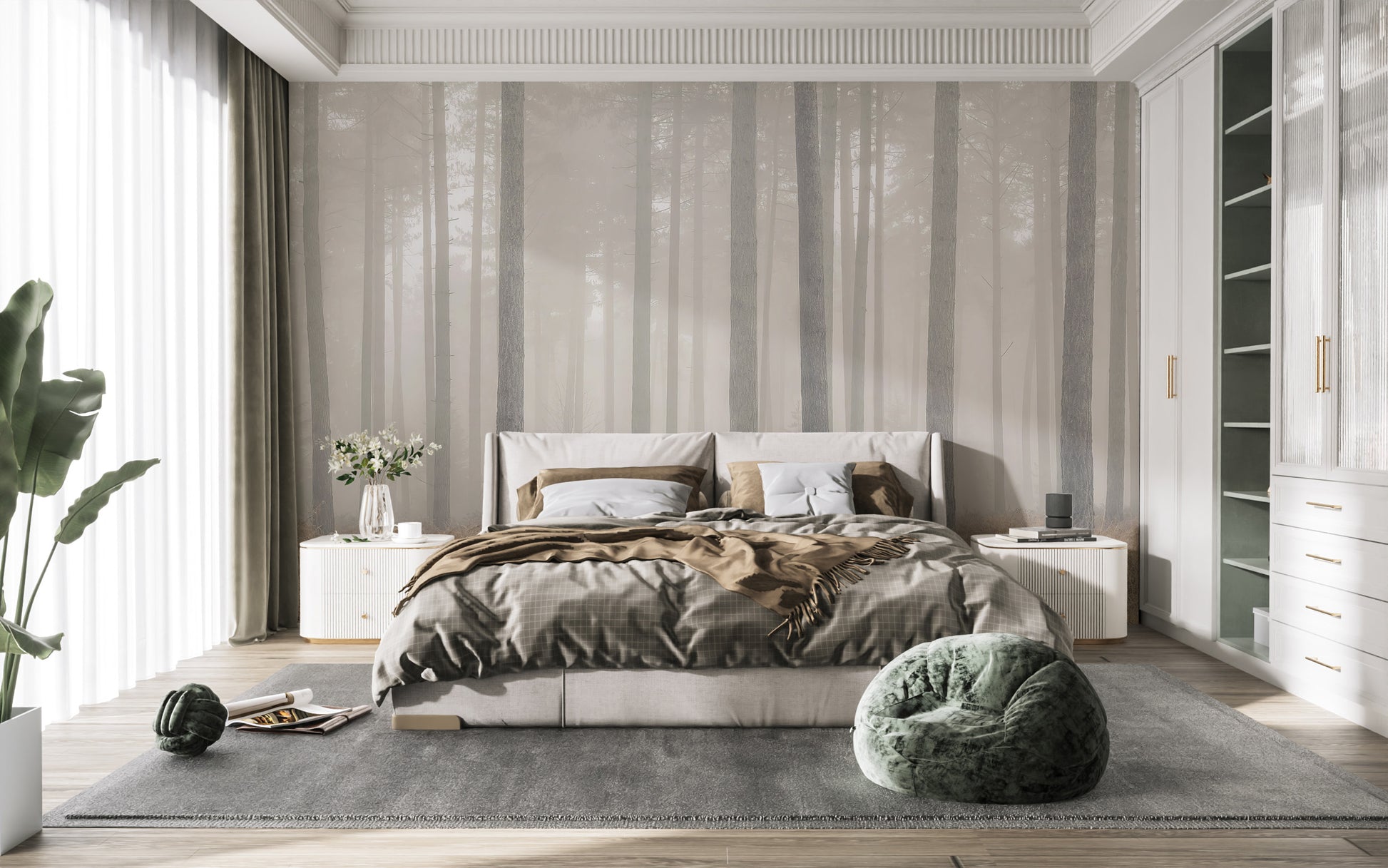 Misty Pines Serenity wallpaper of pale misty pines behind a beige bed with green bean bag in a bright bedroom