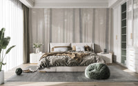 Misty Pines Serenity wallpaper of pale misty pines behind a beige bed with green bean bag in a bright bedroom