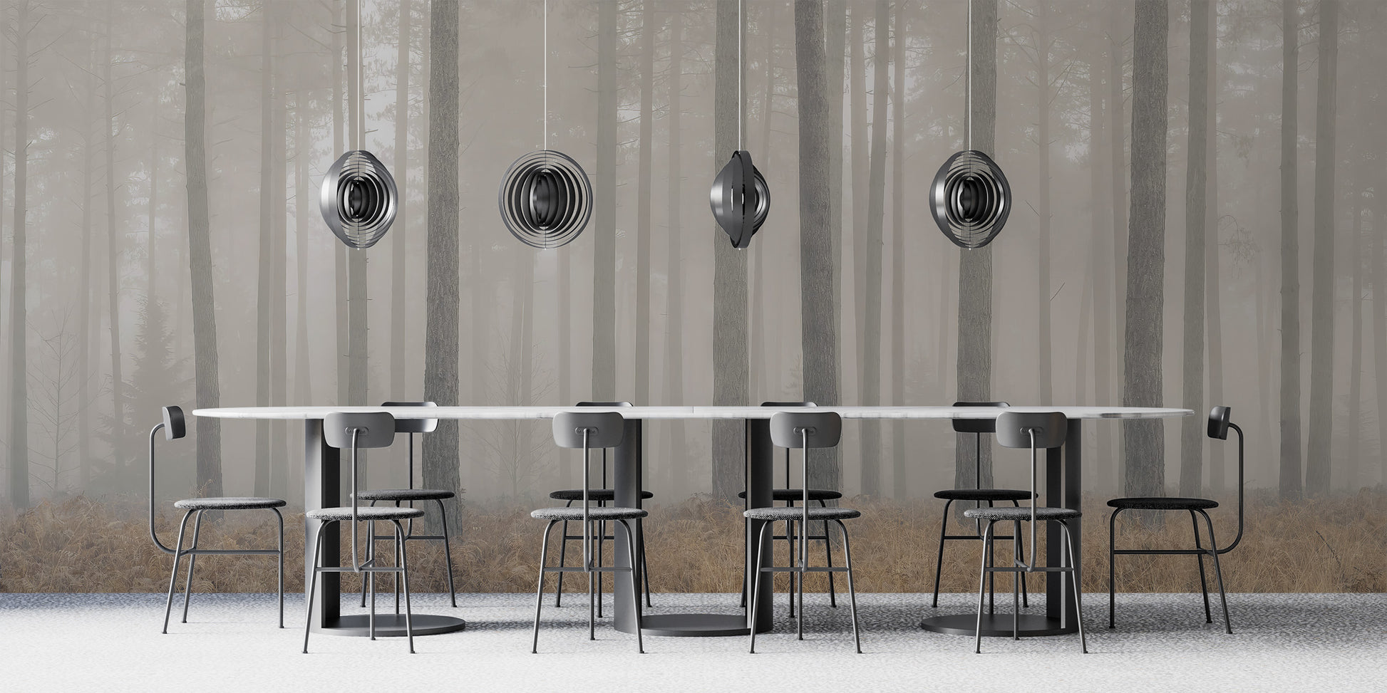 Misty Pines Serenity wallpaper of grey foggy pines behind a long white dining table with metal pendant lights