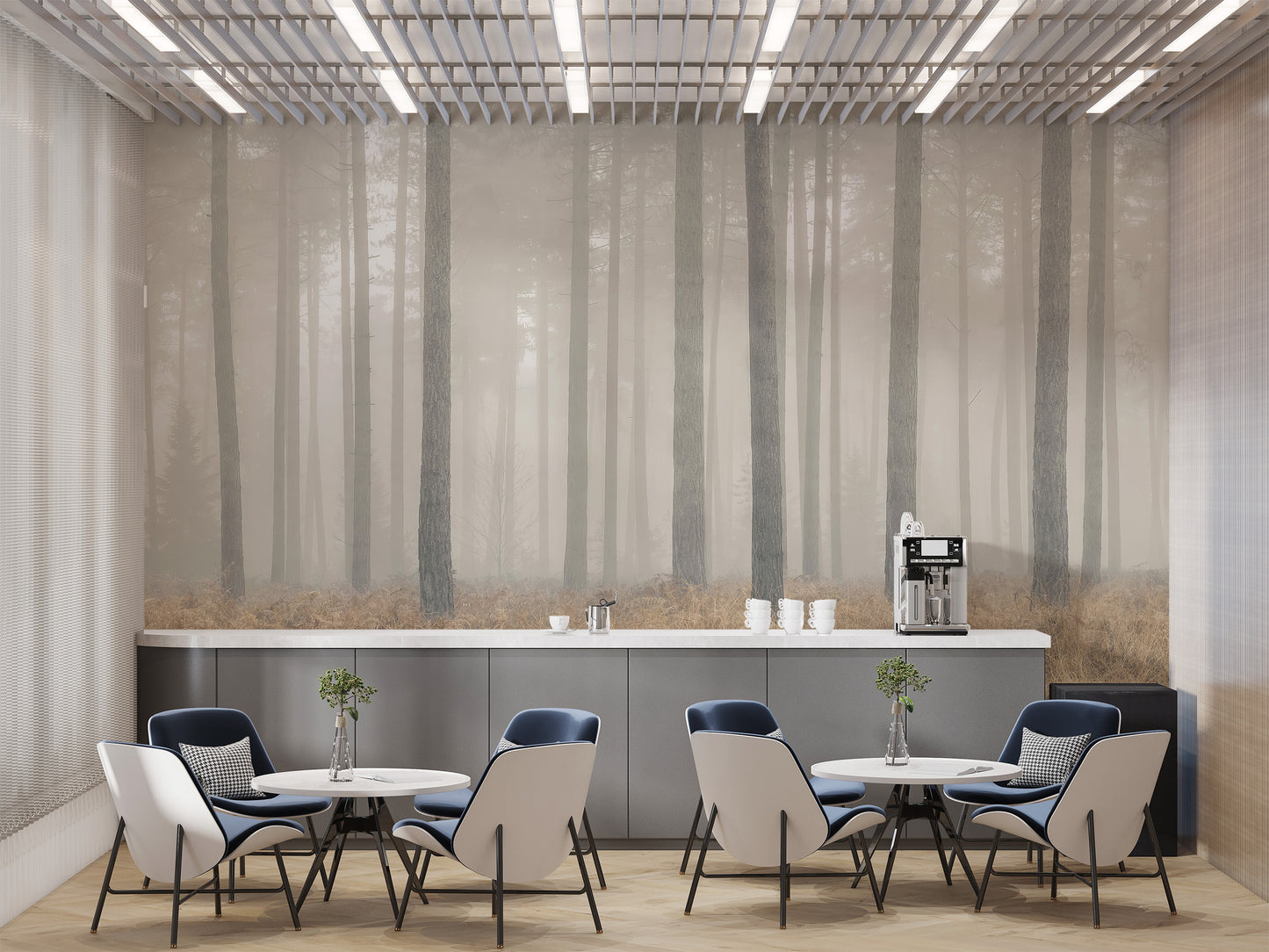 Misty Pines Serenity wallpaper of foggy pine forest behind a grey counter and blue-and-white cafe chairs