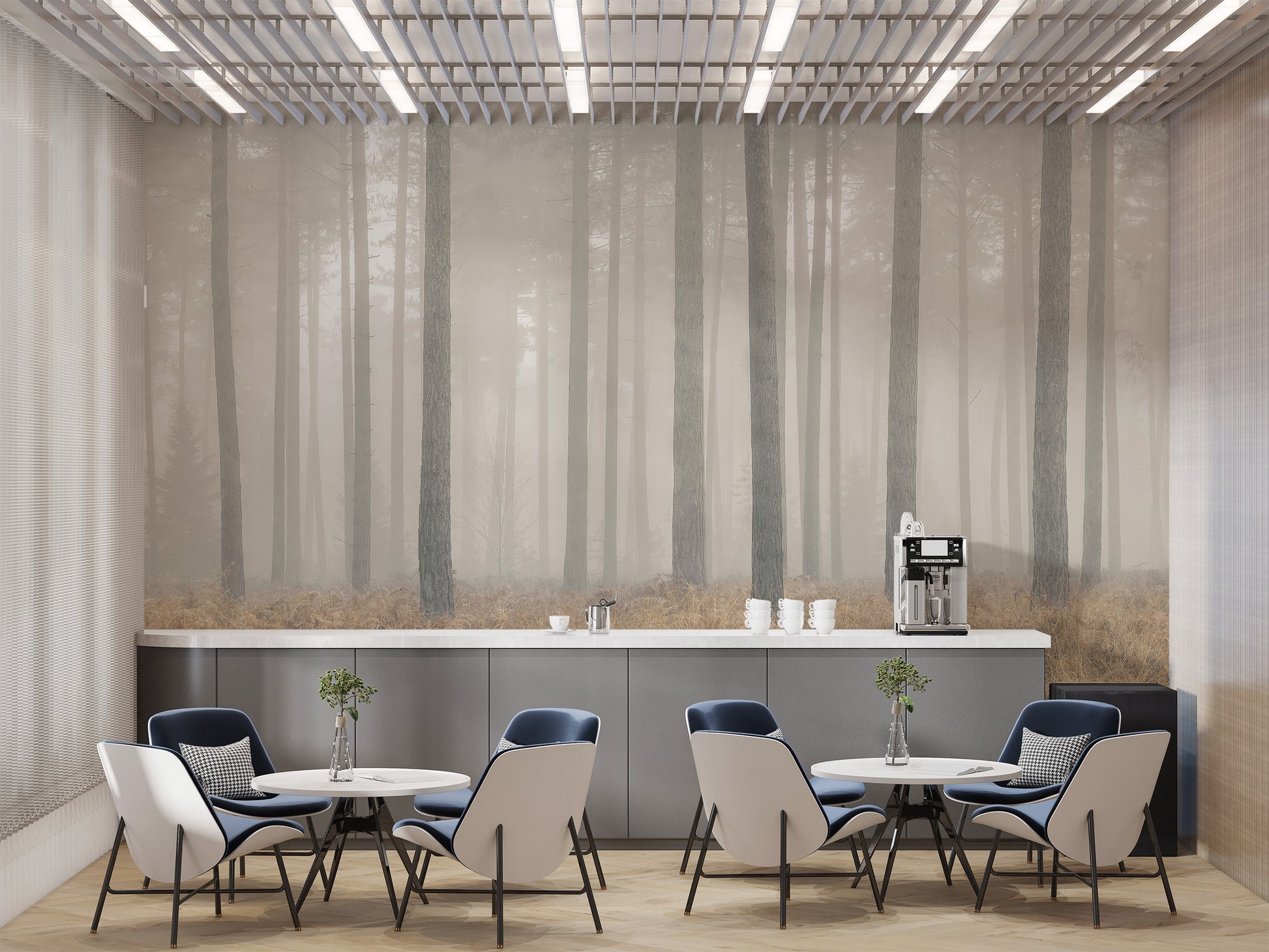 Misty Pines Serenity wallpaper of foggy pine forest behind a grey counter and blue-and-white cafe chairs