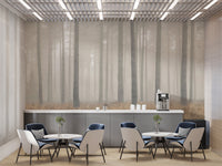 Misty Pines Serenity wallpaper of foggy pine forest behind a grey counter and blue-and-white cafe chairs