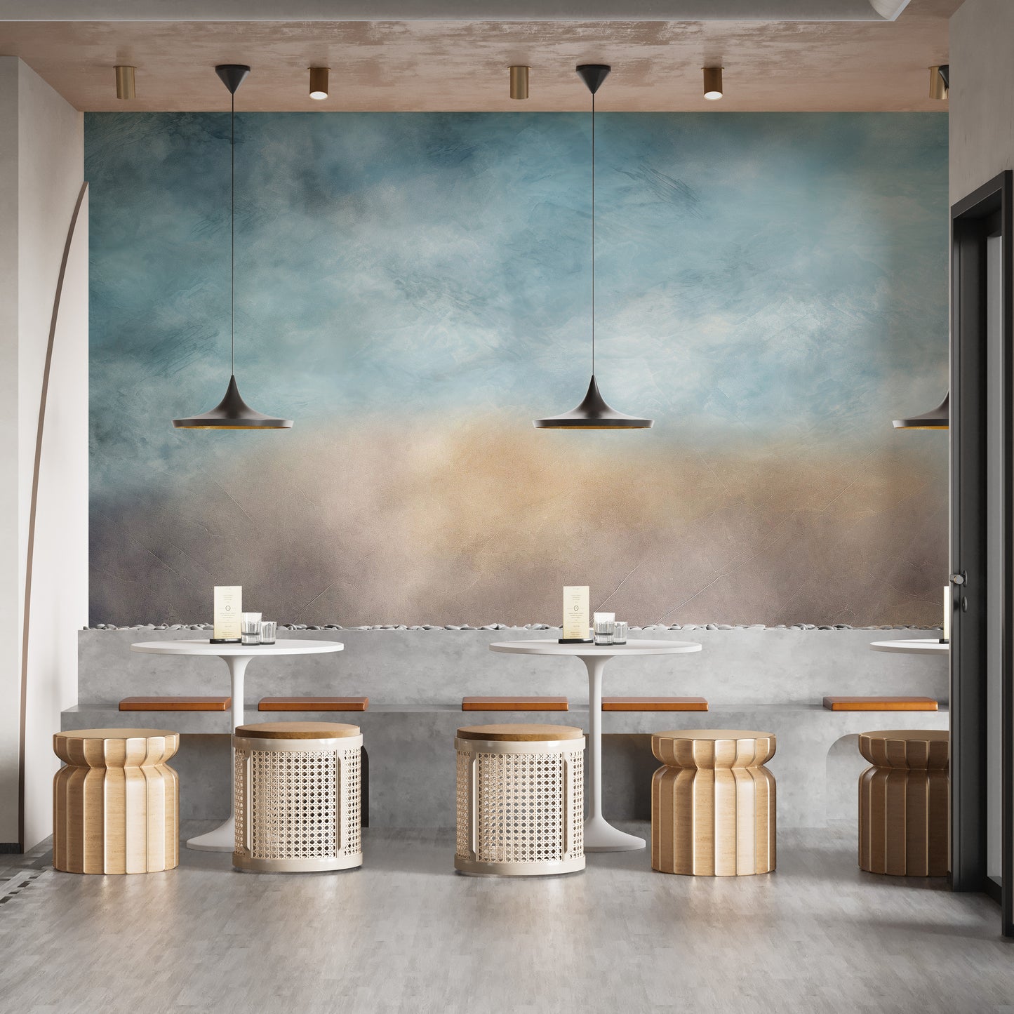 Minimalist peel and stick ombre cloud wall mural for a quick and sophisticated refresh of a dining room.