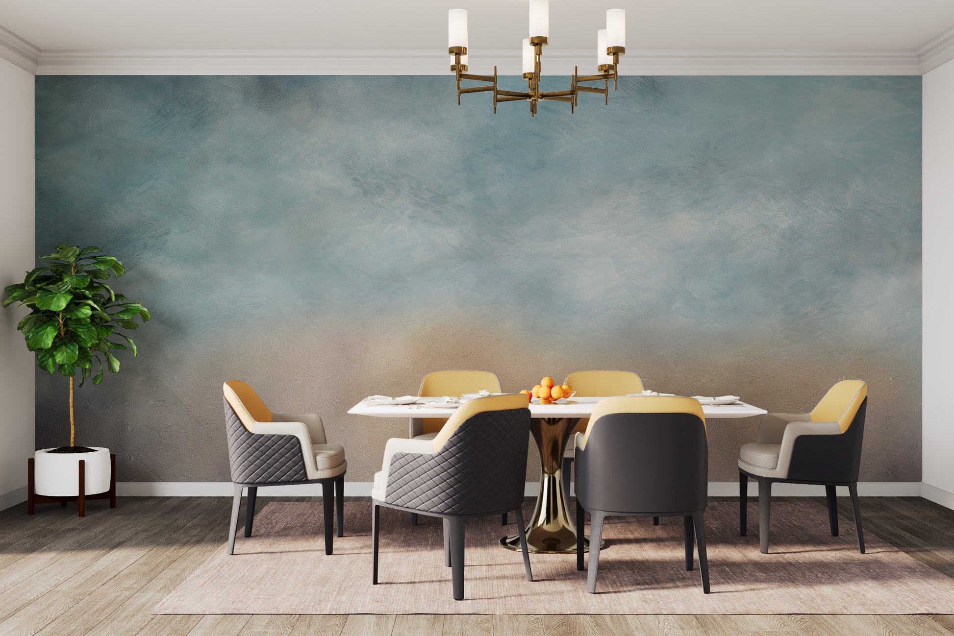 Self adhesive ombre cloud wall mural in a bright dining room creating an ethereal atmosphere for guests.