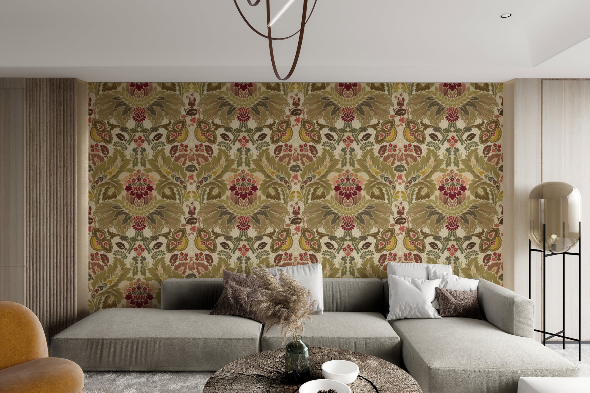 Modern Regal Petals wallpaper with intricate damask floral motifs.
