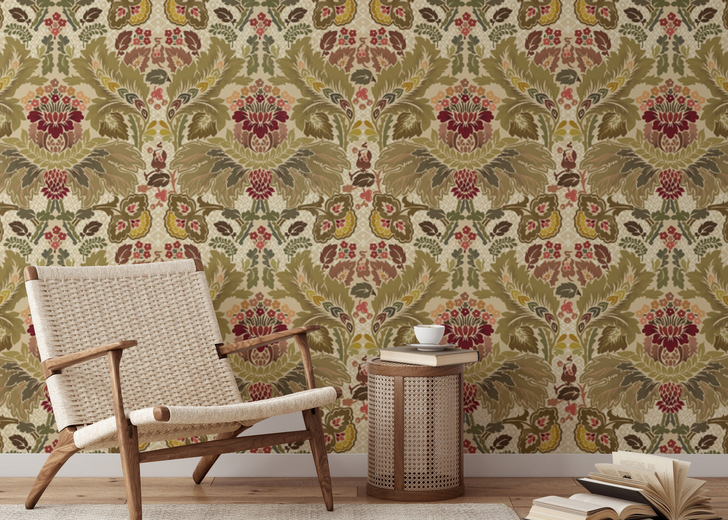 Regal Petals Damask wallpaper with intricate floral patterns.

