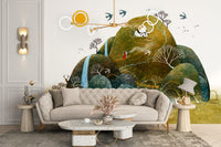 Serene Nature wallpaper mural with green hills, swallows and a sun behind a beige tufted sofa and terrazzo table in a living room