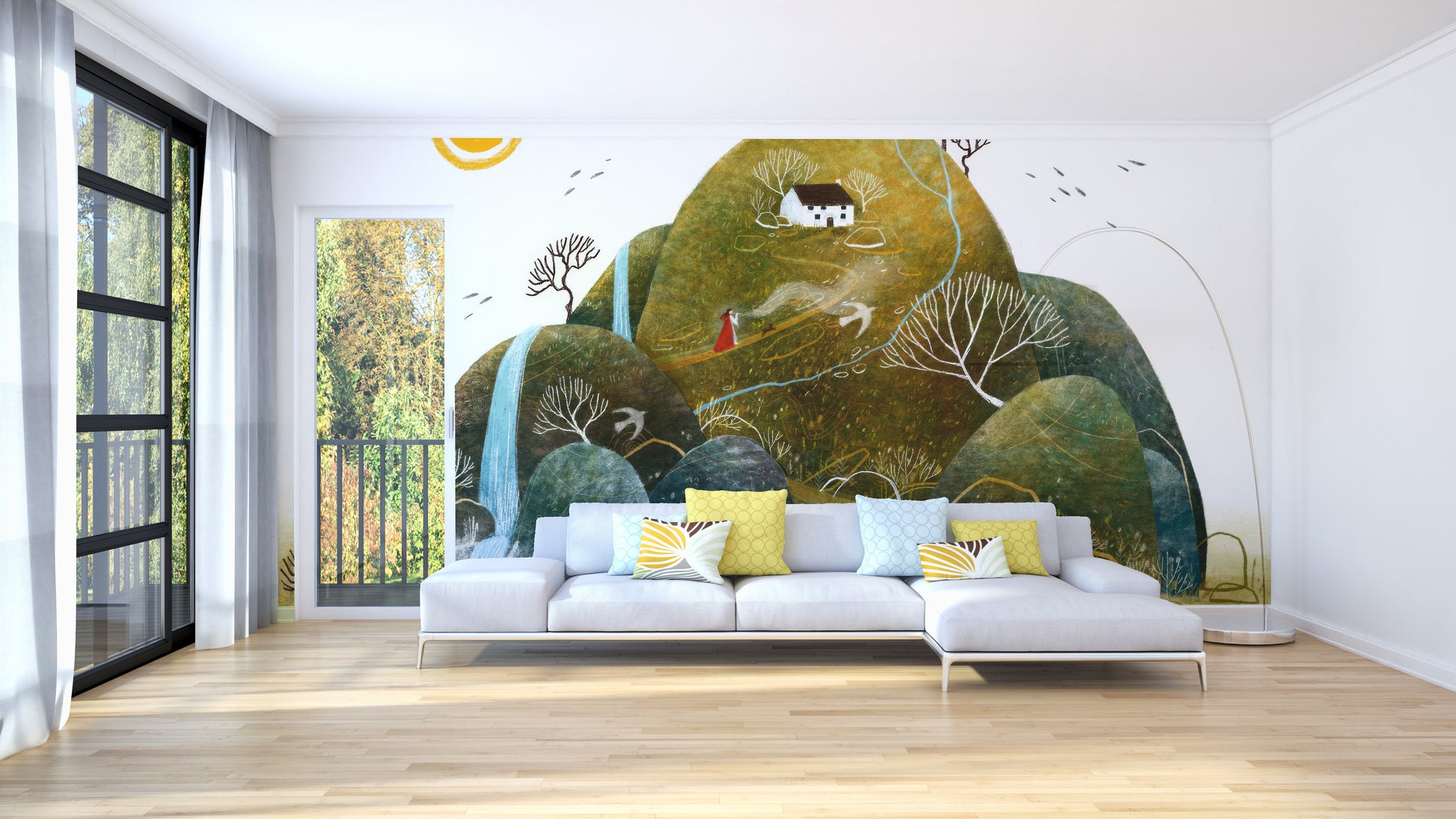 Serene Nature wallpaper mural of rolling green hills and a cottage behind a grey sofa with yellow cushions in a sunlit living room