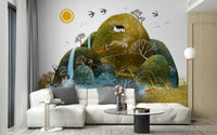 Serene Nature wallpaper mural showing green hills, a waterfall and red figure behind a white sofa with grey cushions in a living room