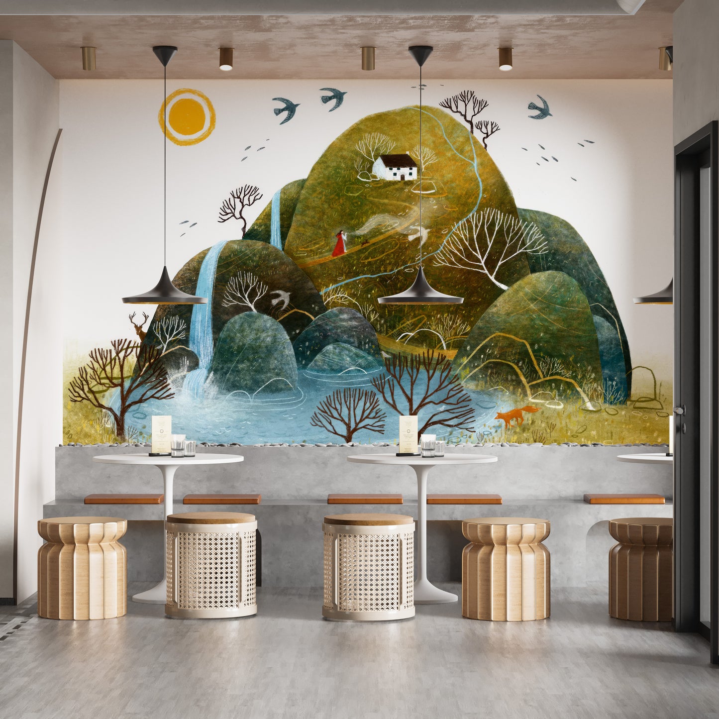 Serene Nature wallpaper mural with olive hills, cottage and swallows above white cafe tables and rattan stools in a dining area