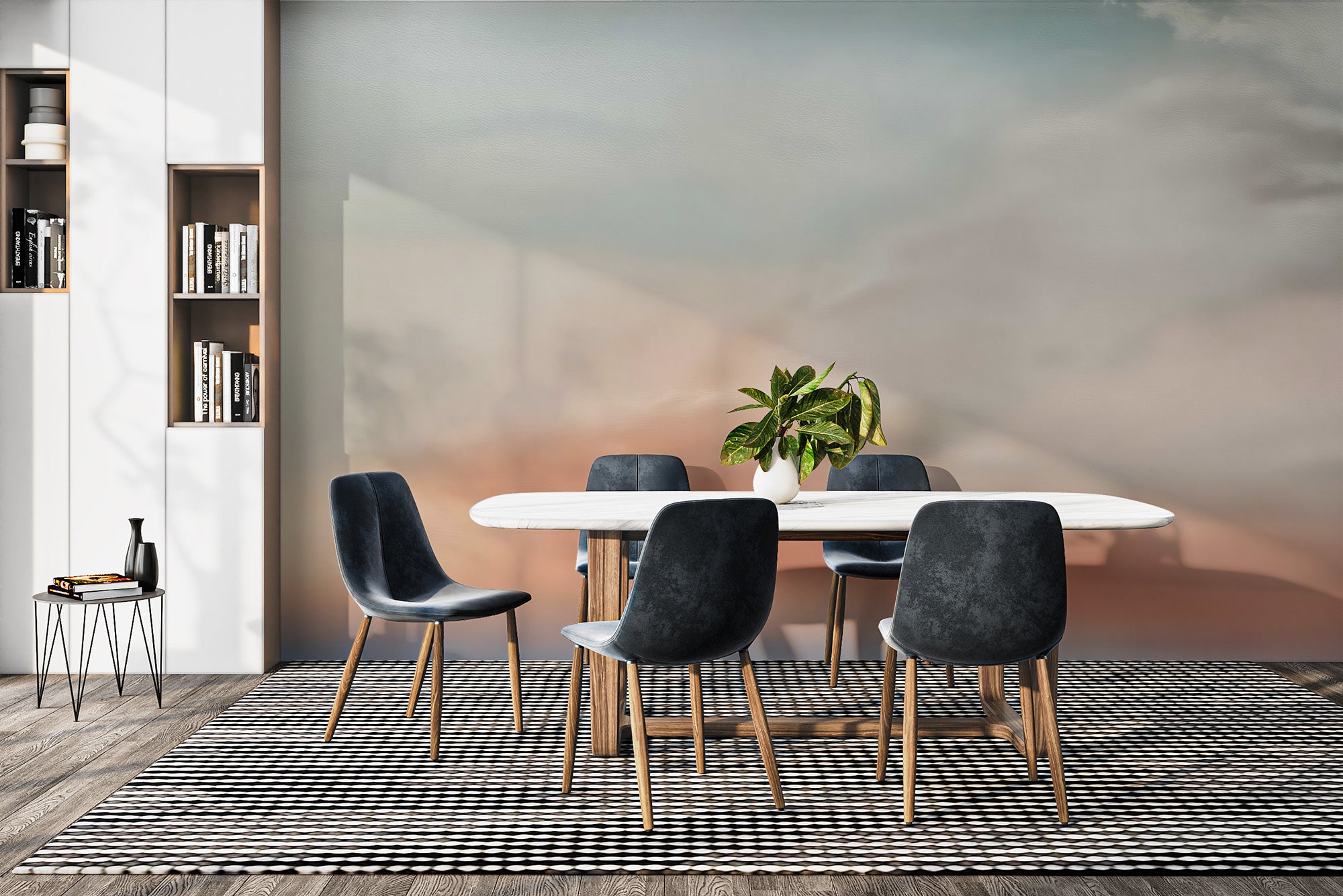 Sunset Dreams wall mural with soft coral and sage sky behind a marble dining table and dark chairs