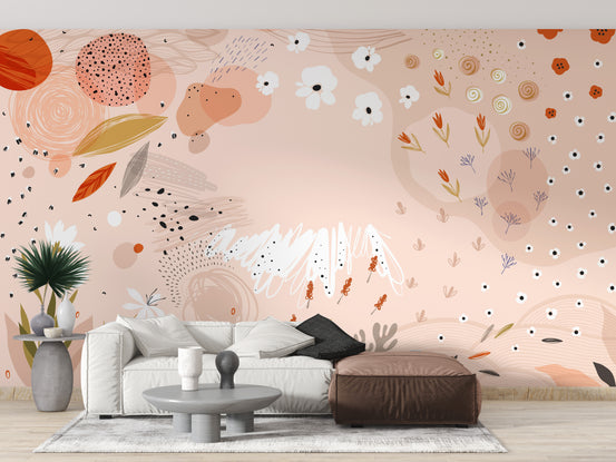 Trendy Abstract Floral Art wallpaper mural shown as a full feature wall that highlights the design