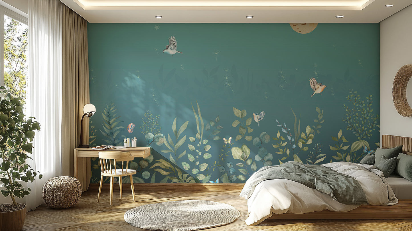 Twilight Flutters wallpaper mural of teal leaves and birds behind a green-bedded bed and wooden desk in a bedroom