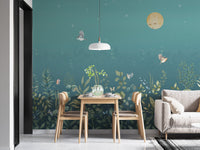Twilight Flutters wallpaper mural in teal with a sleeping moon and birds behind a wooden dining table and white sofa