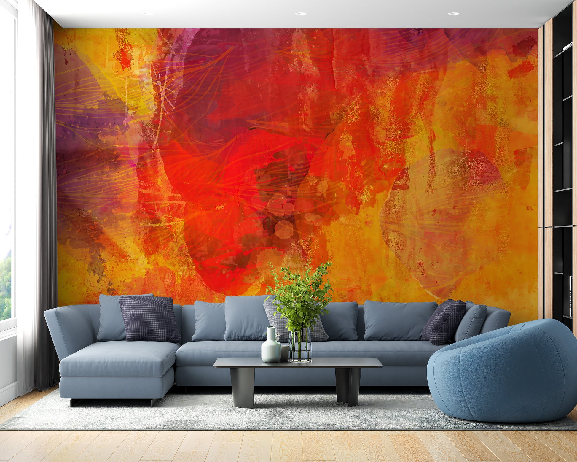Bold and vibrant bright orange mural for rooms