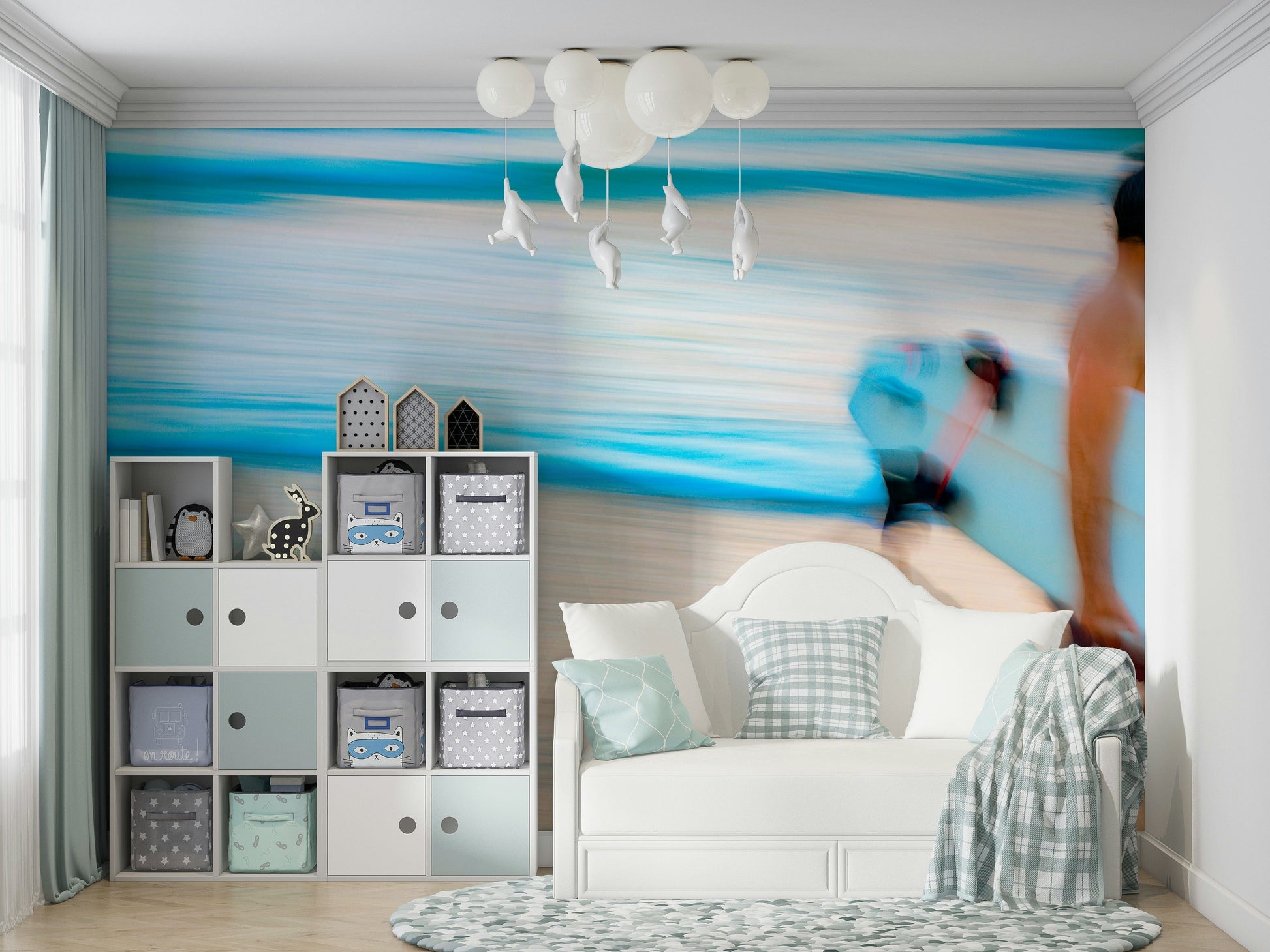 A graceful wave motion wall mural in cool, natural tones.

