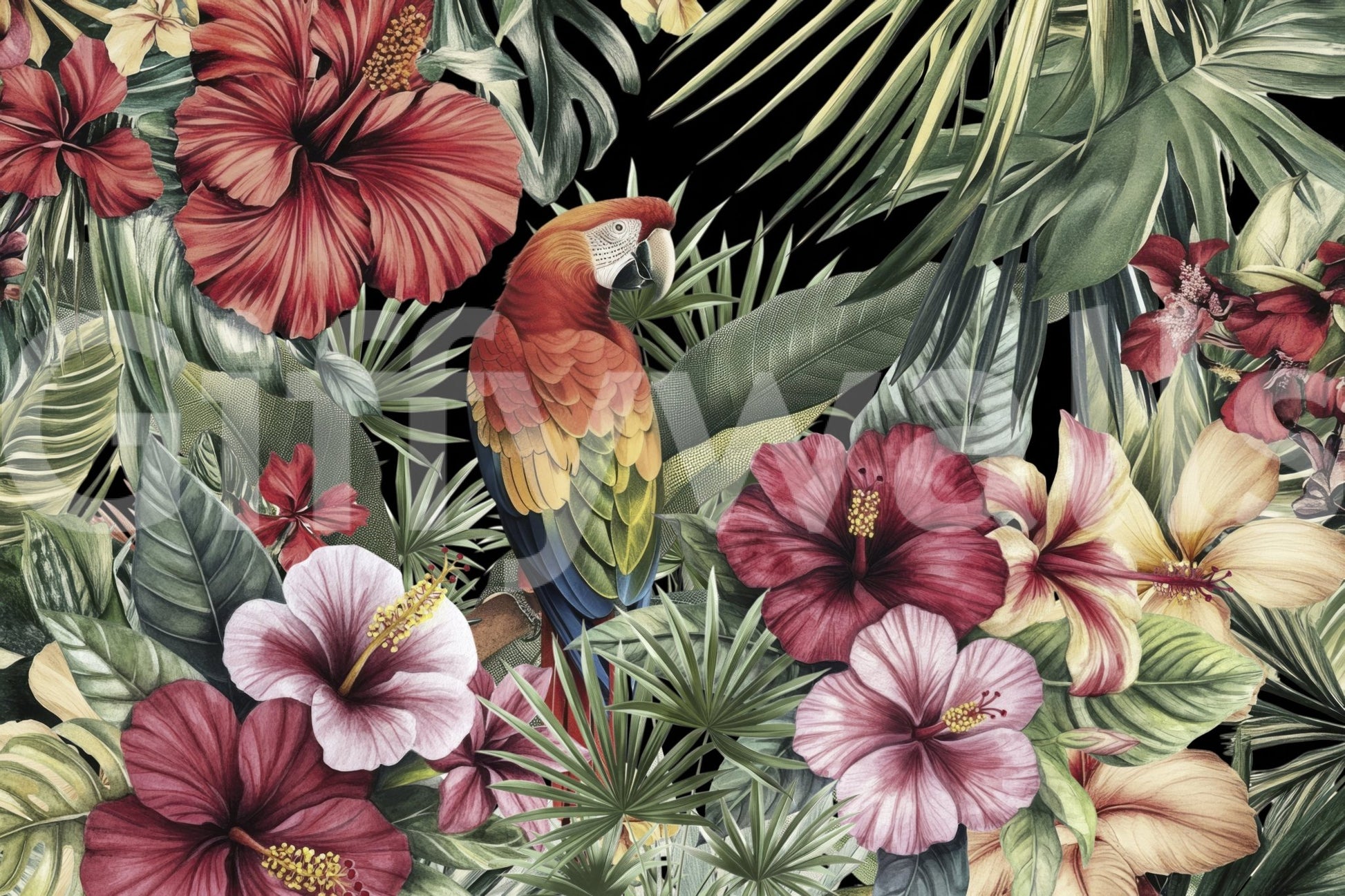 Tropical dreams mural with parrot and florals