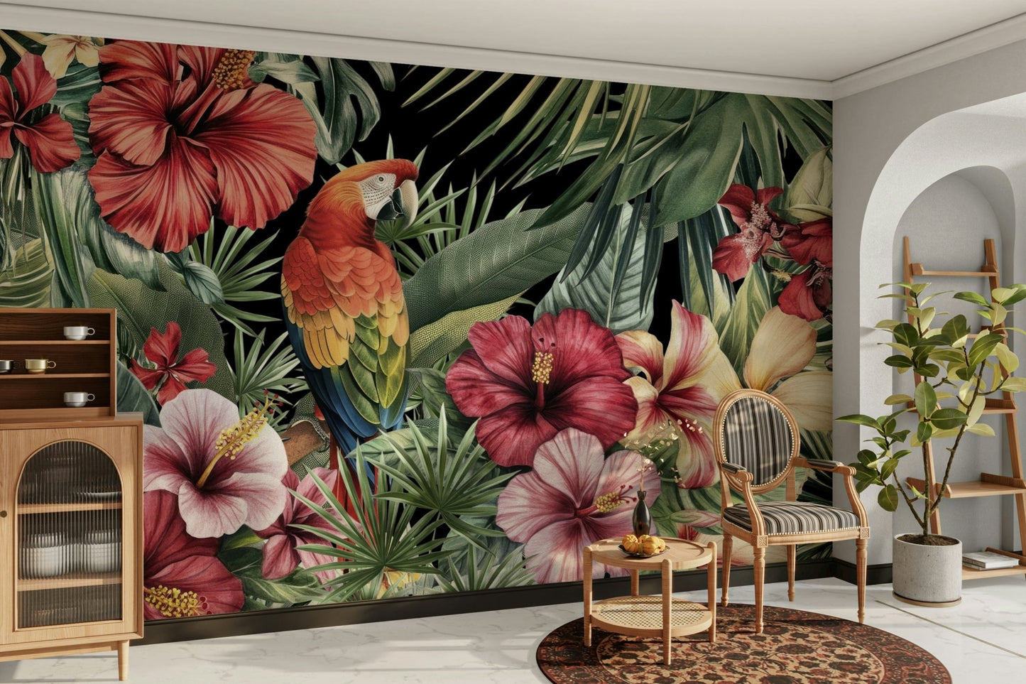 Vintage parrot mural wallpaper with hibiscus flowers
