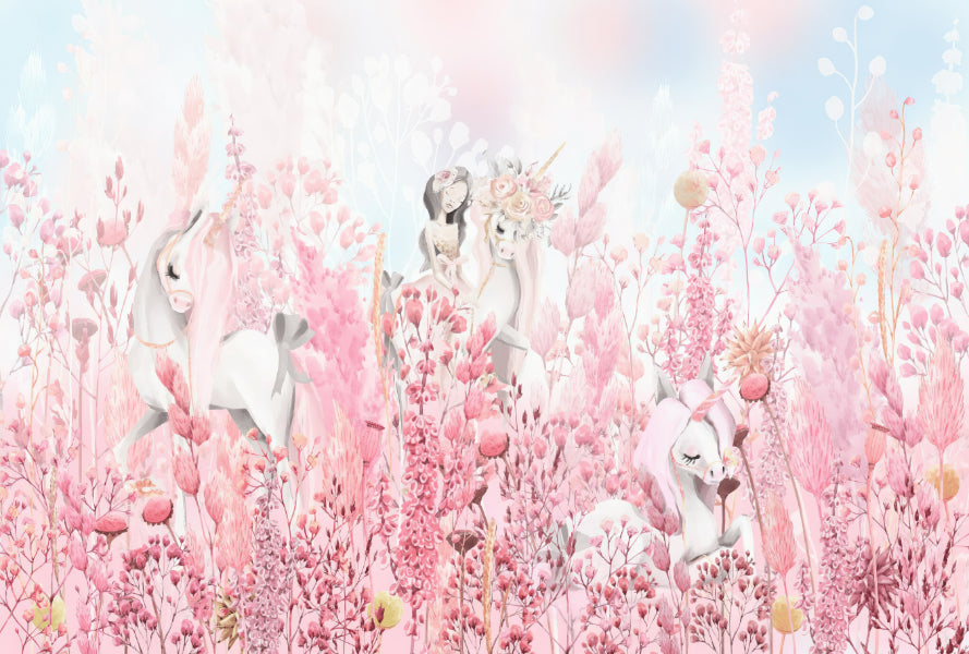Pink Unicorn Forest Wall Mural in your room — zoomed