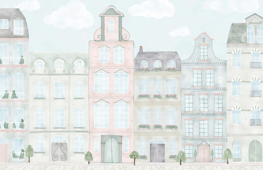 Watercolor City Scene Mural Wallpaper