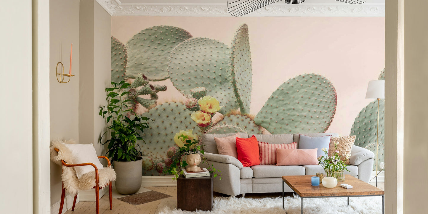 Cactus Blossom Dreams mural with soft pastel tones and cactus shapes.

