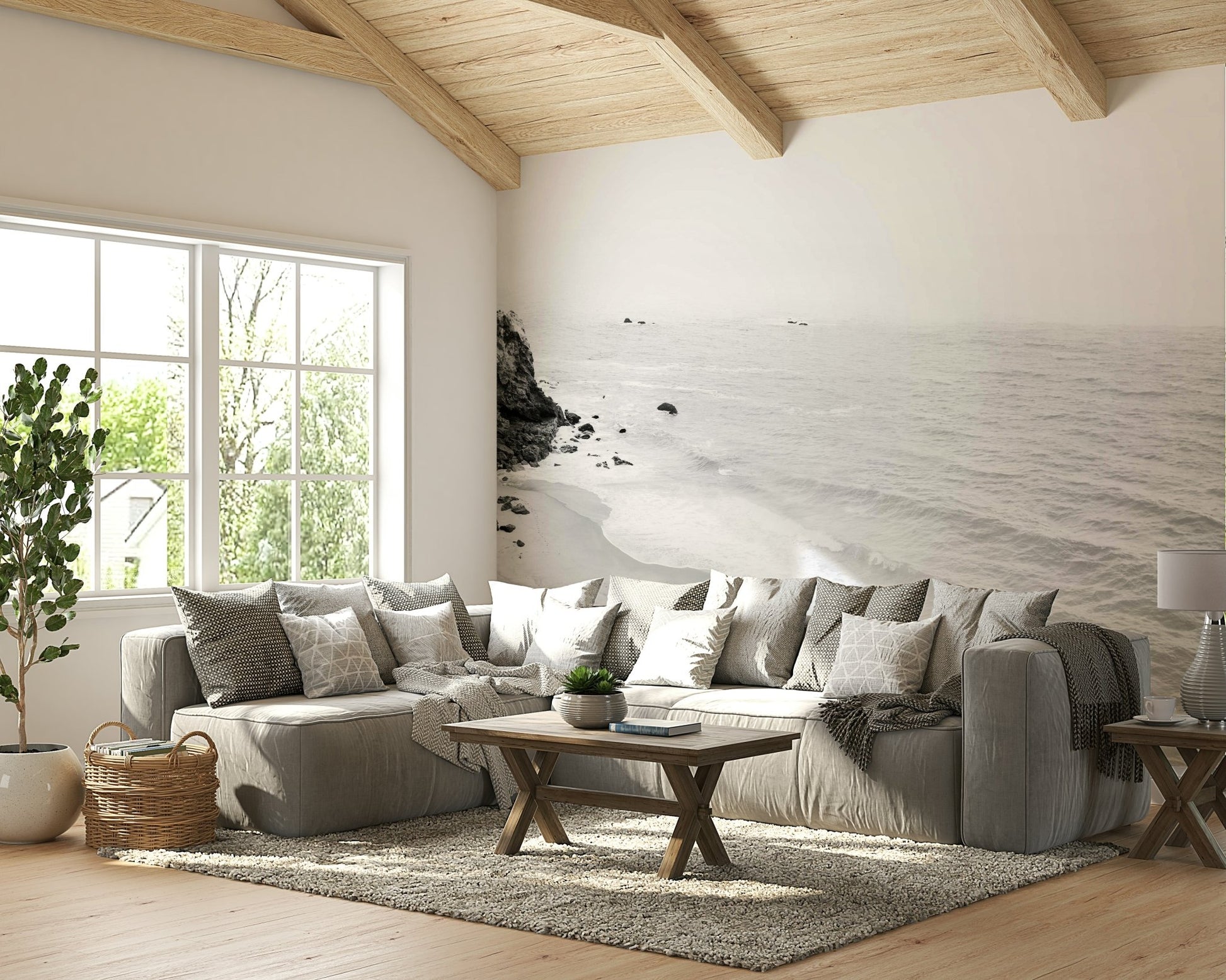 Dramatic black and white California coastline mural.

