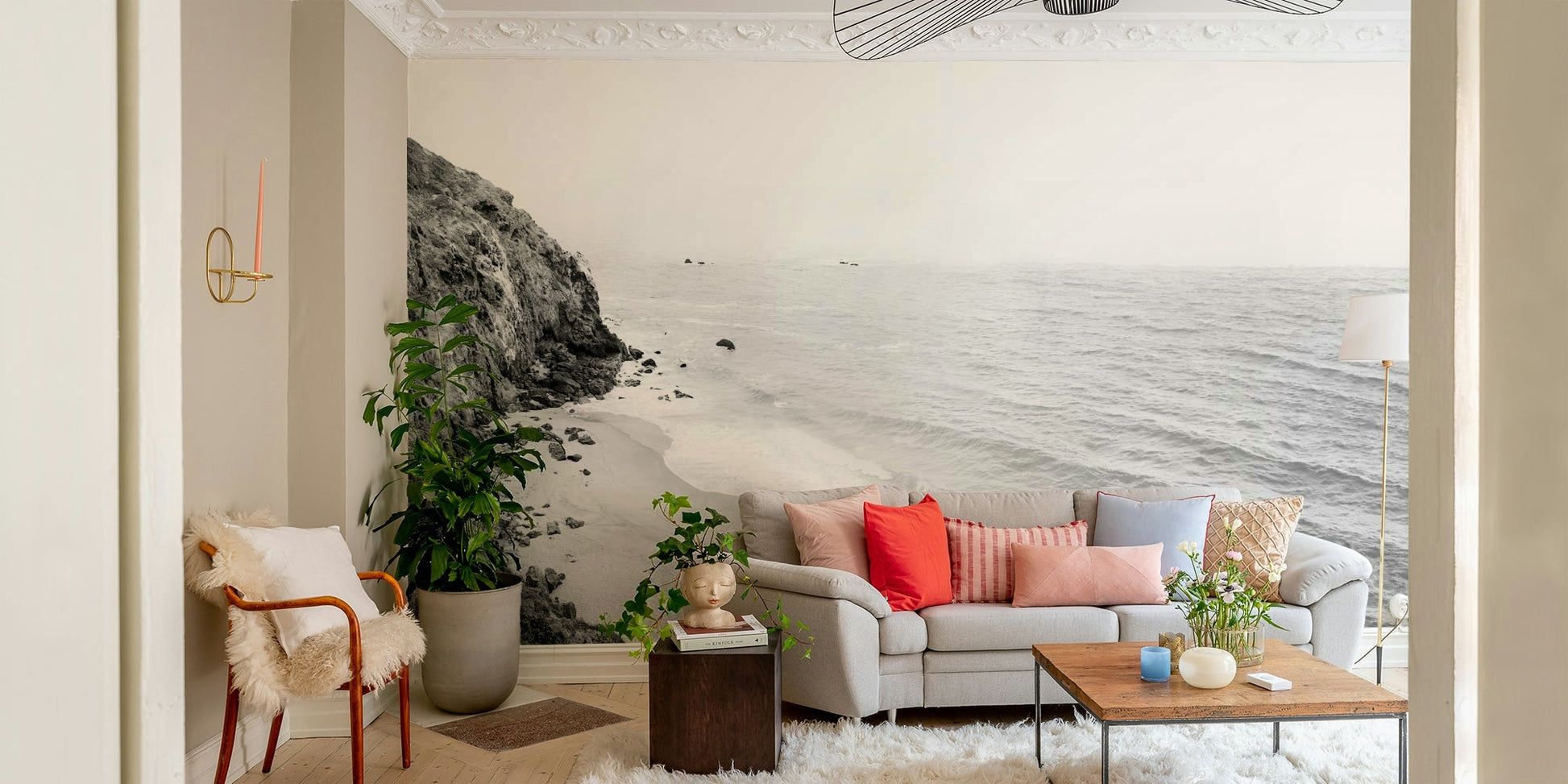 Elegant black and white coastal mural for walls.

