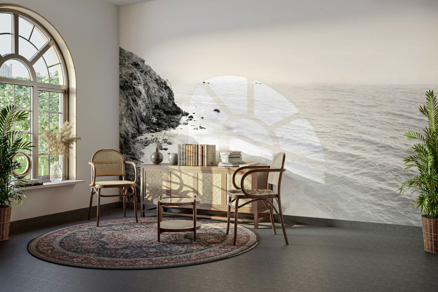 Serene coastal scenery in black and white mural design.


