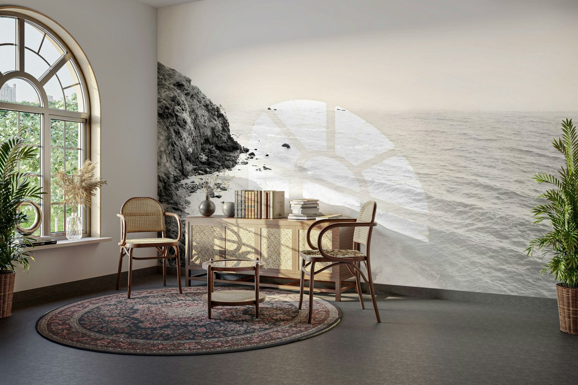 Serene coastal scenery in black and white mural design.

