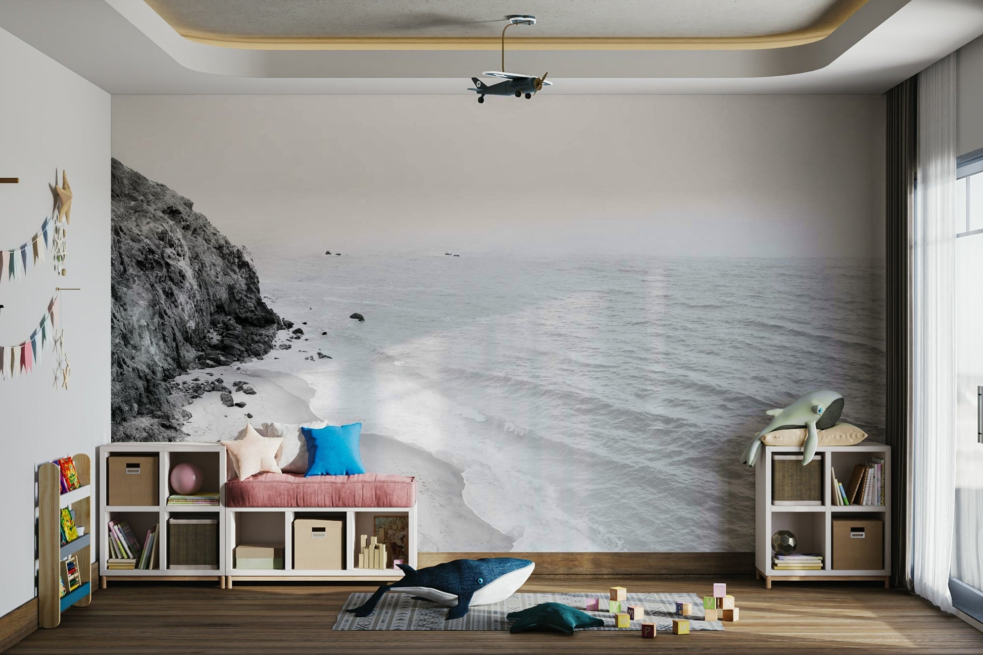 California coast in stunning black and white mural.

