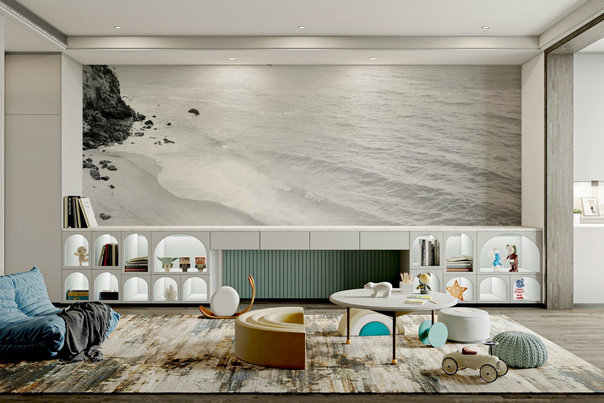 Black and white California coast wall mural.

