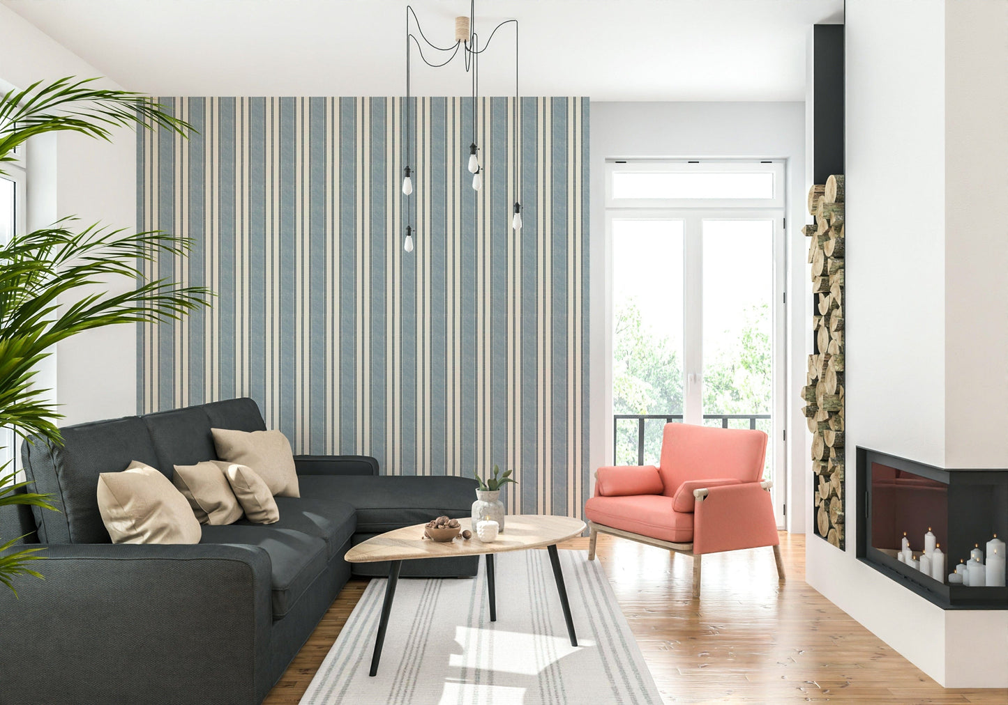Soft stripe wallpaper in nautical colors for a peaceful, seaside-inspired interior.