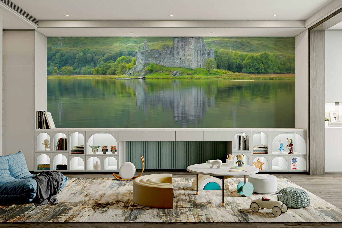 The wall art combines historical architecture with a serene setting.


