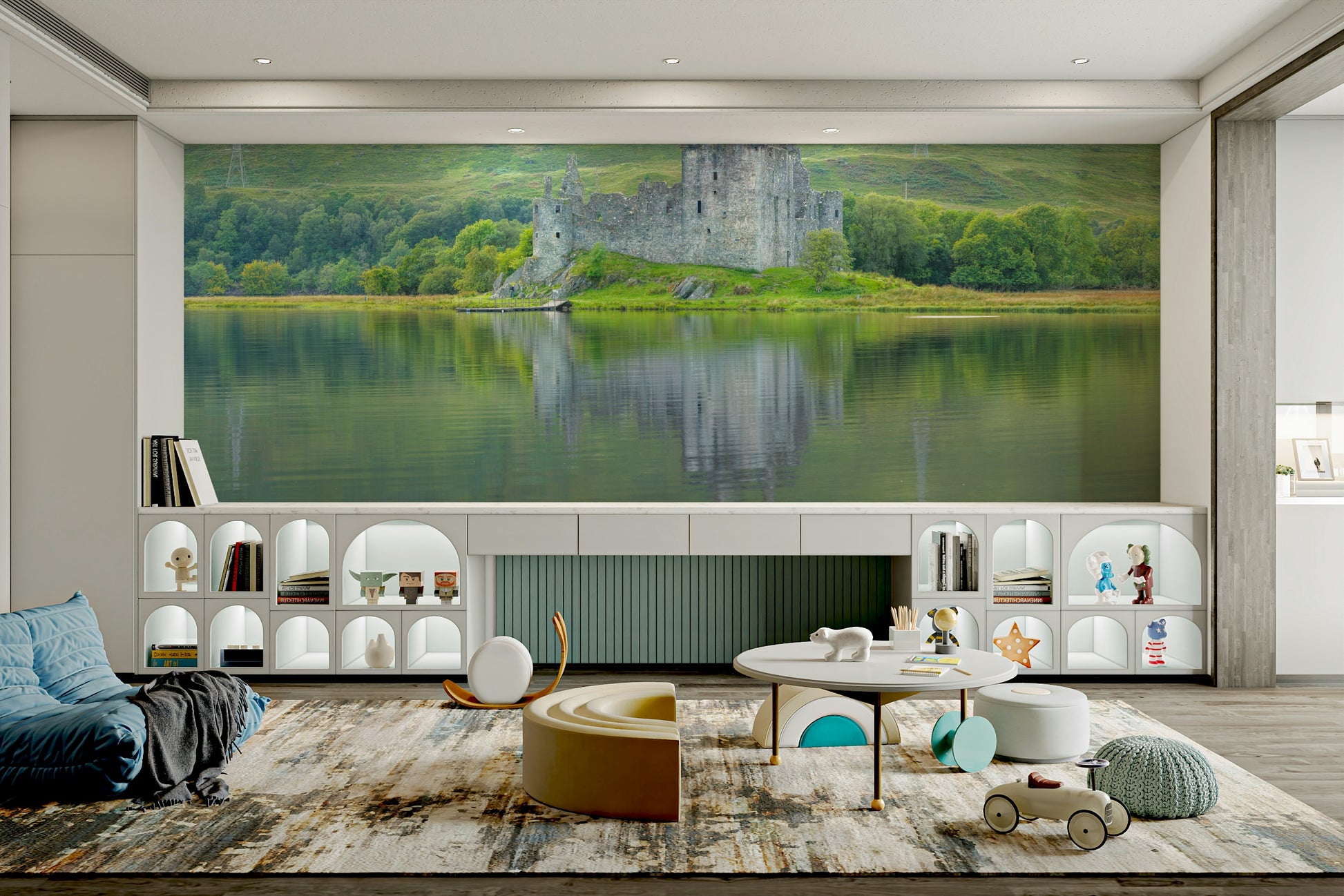 The wall art combines historical architecture with a serene setting.

