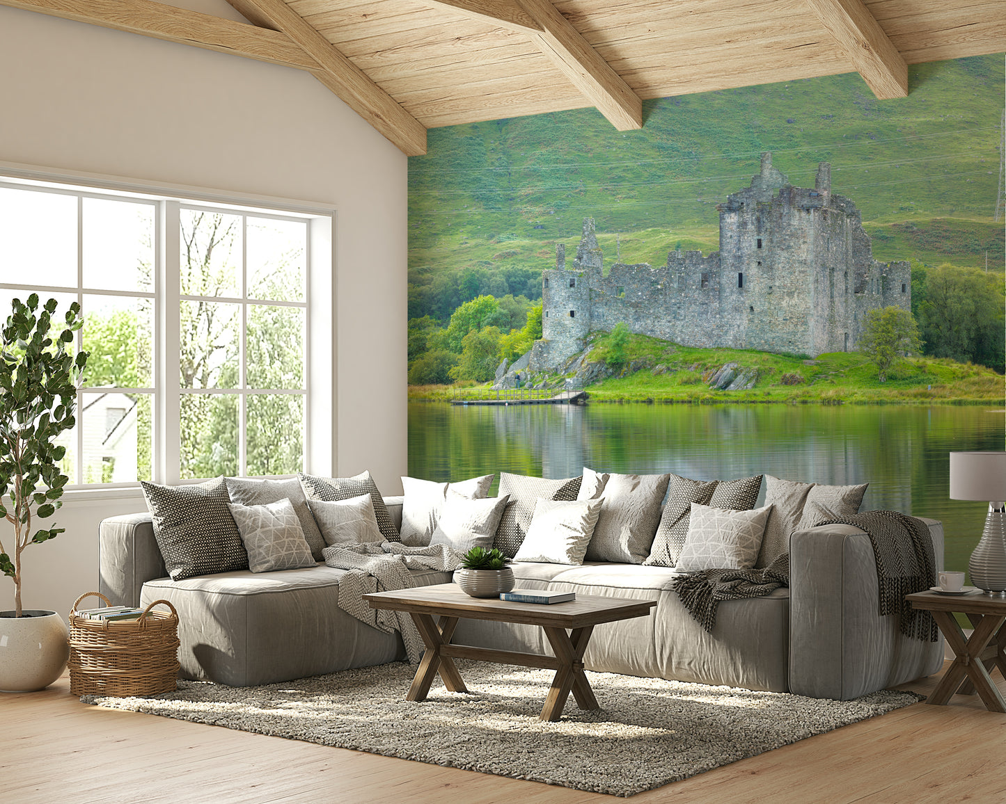 The mural shows a peaceful lake scene.

