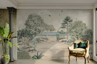 The design features a repeating pattern of soft, delicate waves and shorelines.

