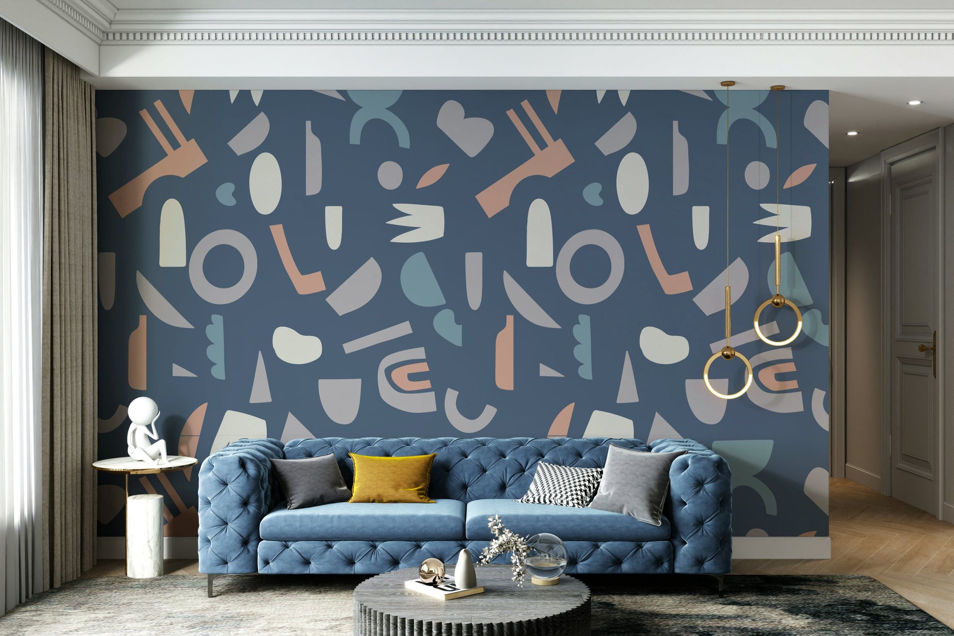 The design features a repeating pattern of soft, interconnected shapes.

