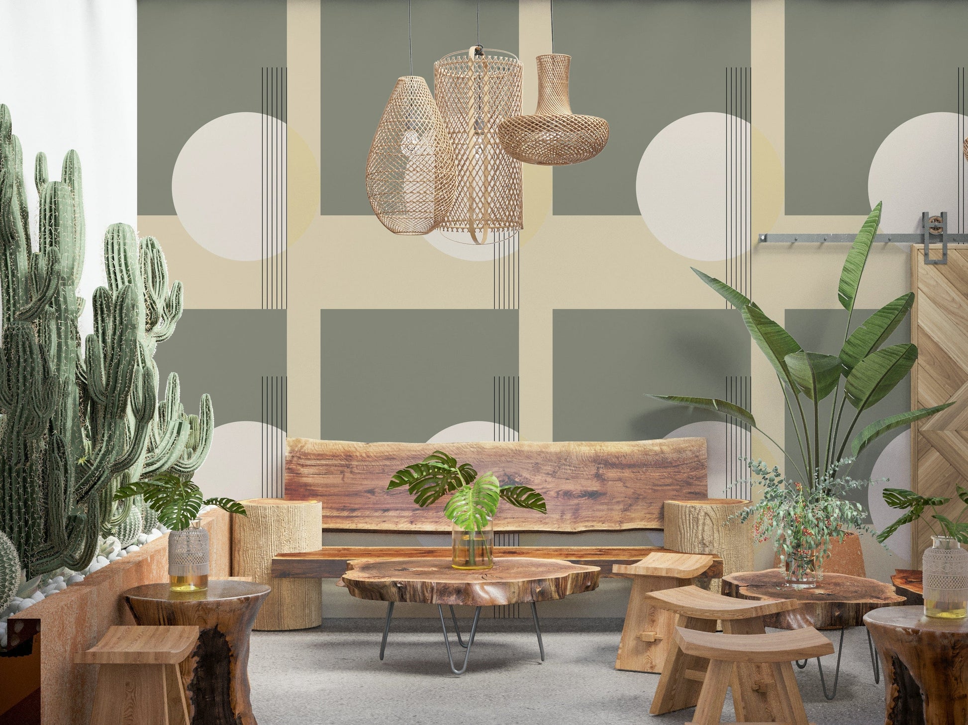 Calming geometric mural with understated color contrast and clean, minimalist style.