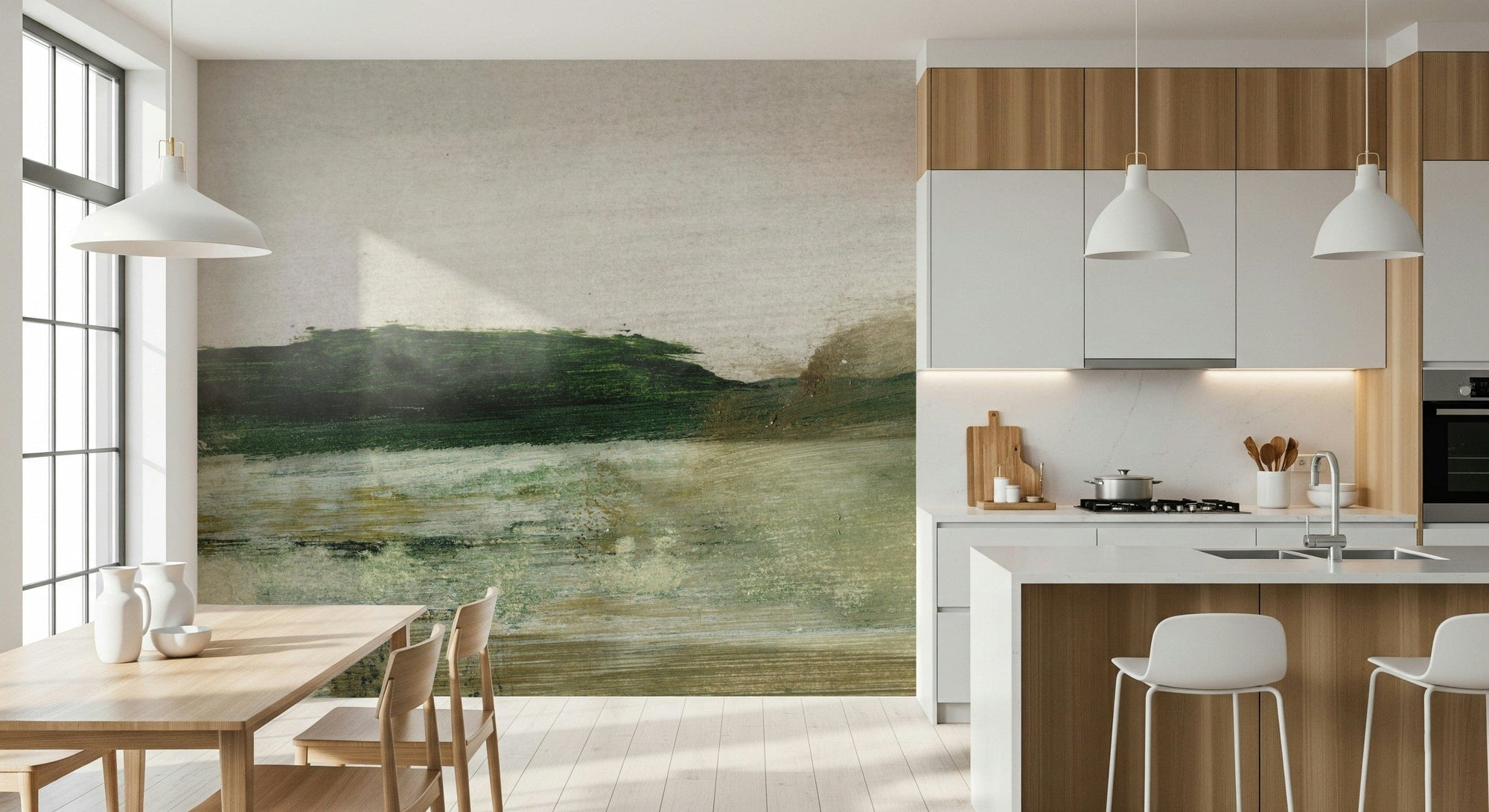 Brushstroke Horizon wallpaper mural in a kitchen diner with a wood table and white pendant lights