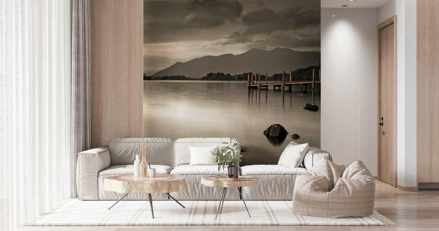 Scenic lake wall mural behind bed, muted colors, modern bedroom wall decor