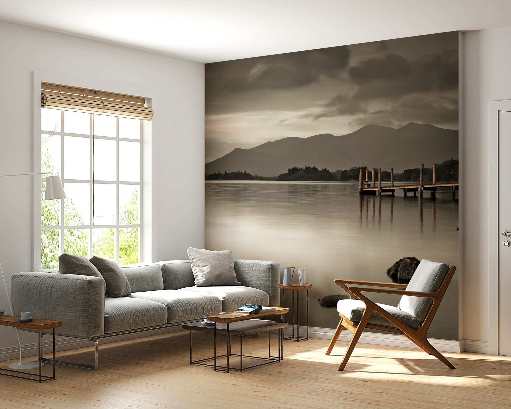 Derwentwater lake mural in reading nook, gentle color tones, modern wall decor style