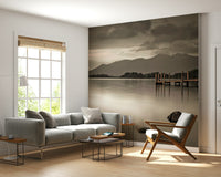 Derwentwater lake mural in reading nook, gentle color tones, modern wall decor style