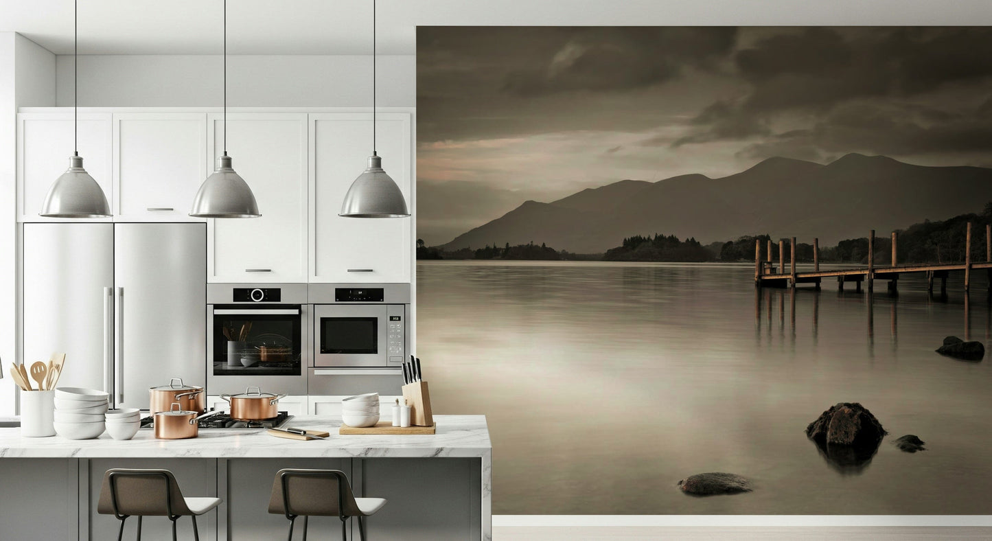 Derwentwater’s Calm Wall Mural in lounge, natural color tones, modern apartment feature wall