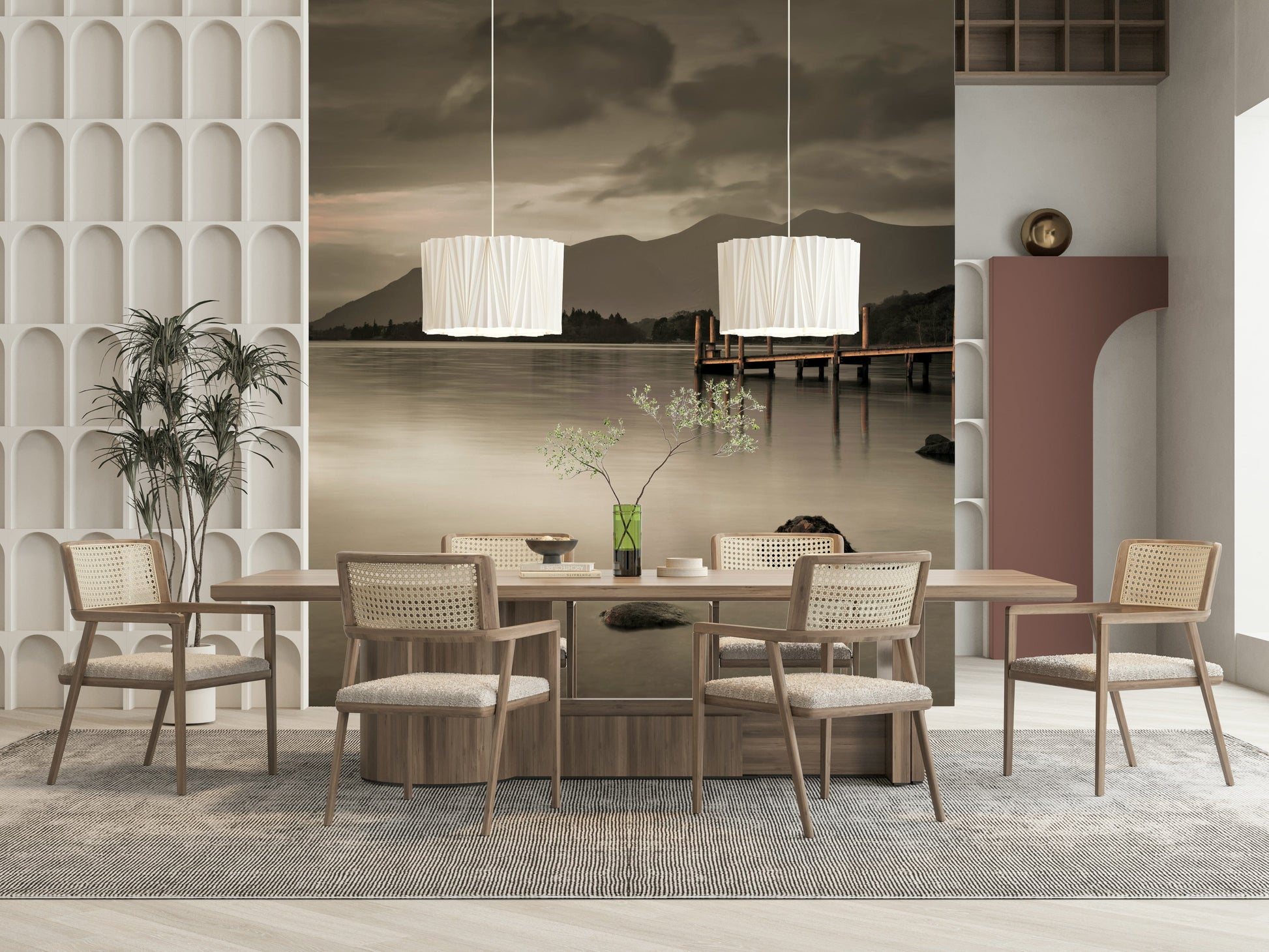 Serene lake wall mural in home office, neutral color tones, modern wall decor backdrop