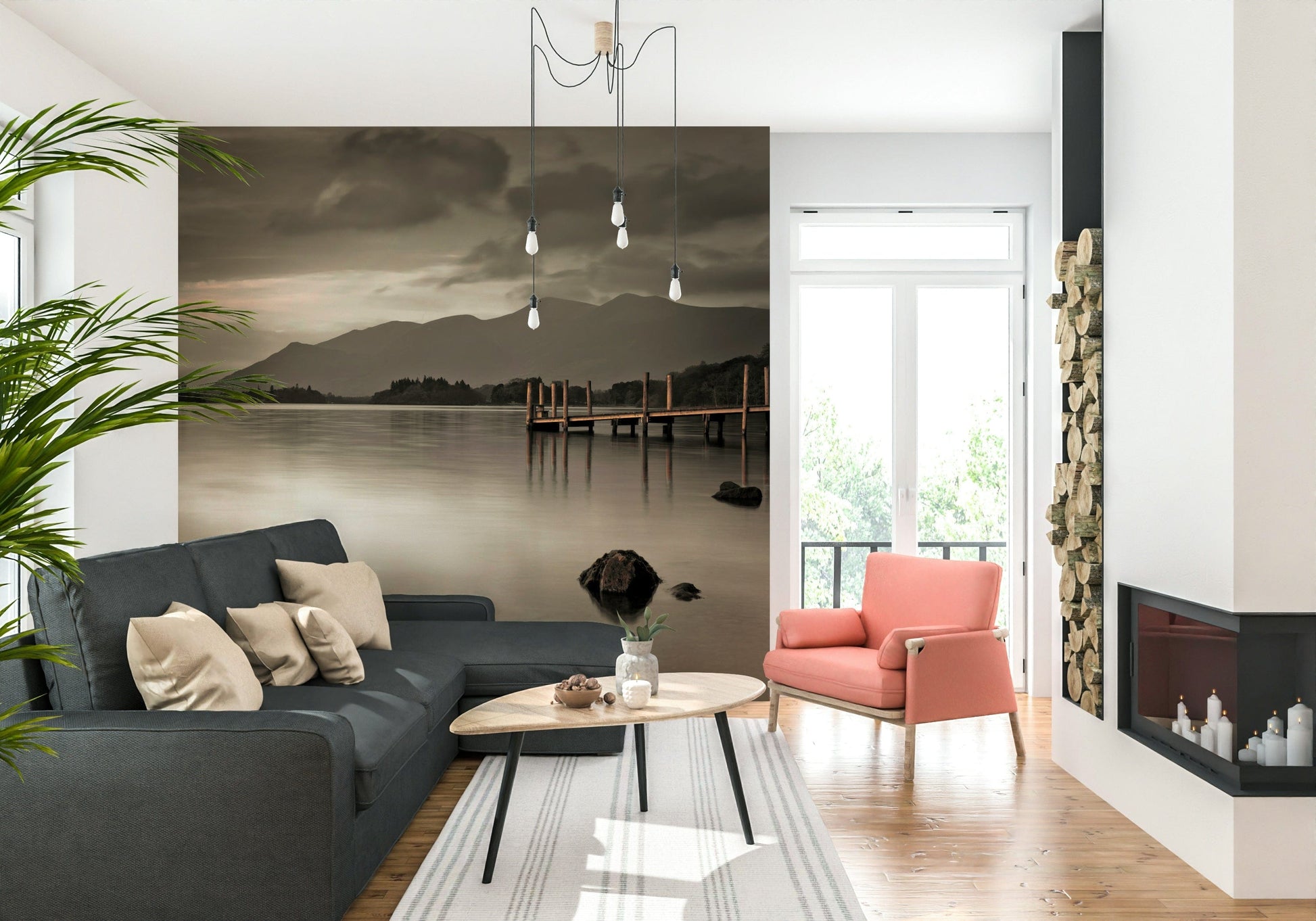 Lake landscape mural behind sofa in apartment living room, calm color palette, modern wall decor