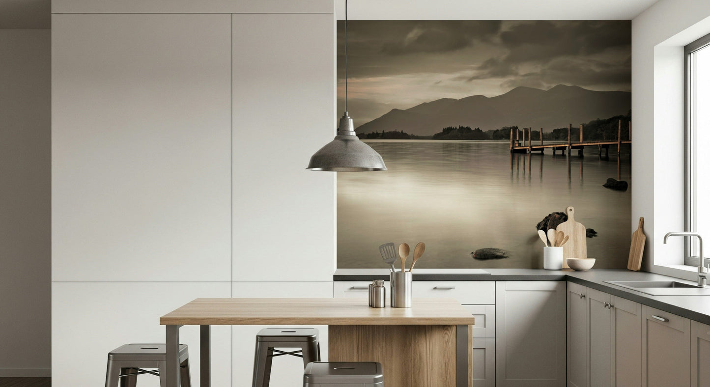 Mountain lake wallpaper mural in dining area, soft color scenery, modern apartment wall decor