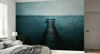 Wooden pier mural in home office, modern desk setup, muted blues and sandy neutrals