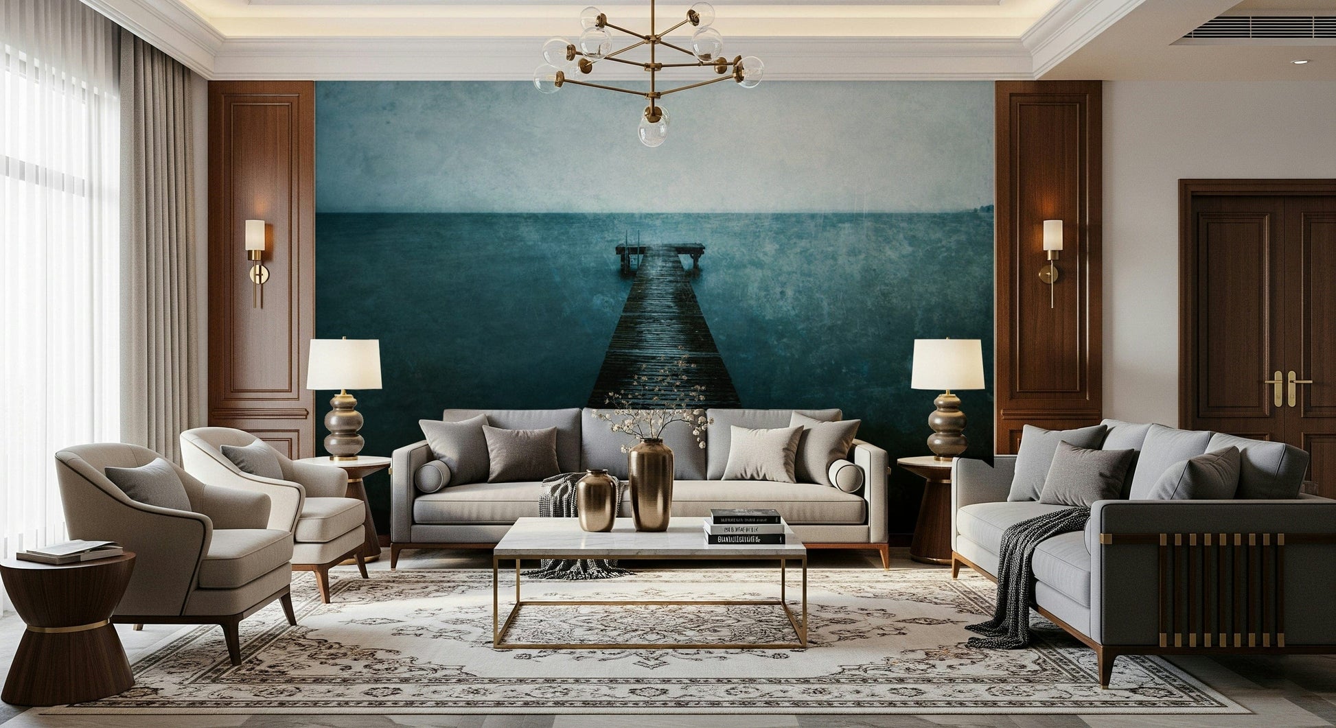 Ocean view pier mural for bedroom feature wall, minimal decor, cool-toned palette