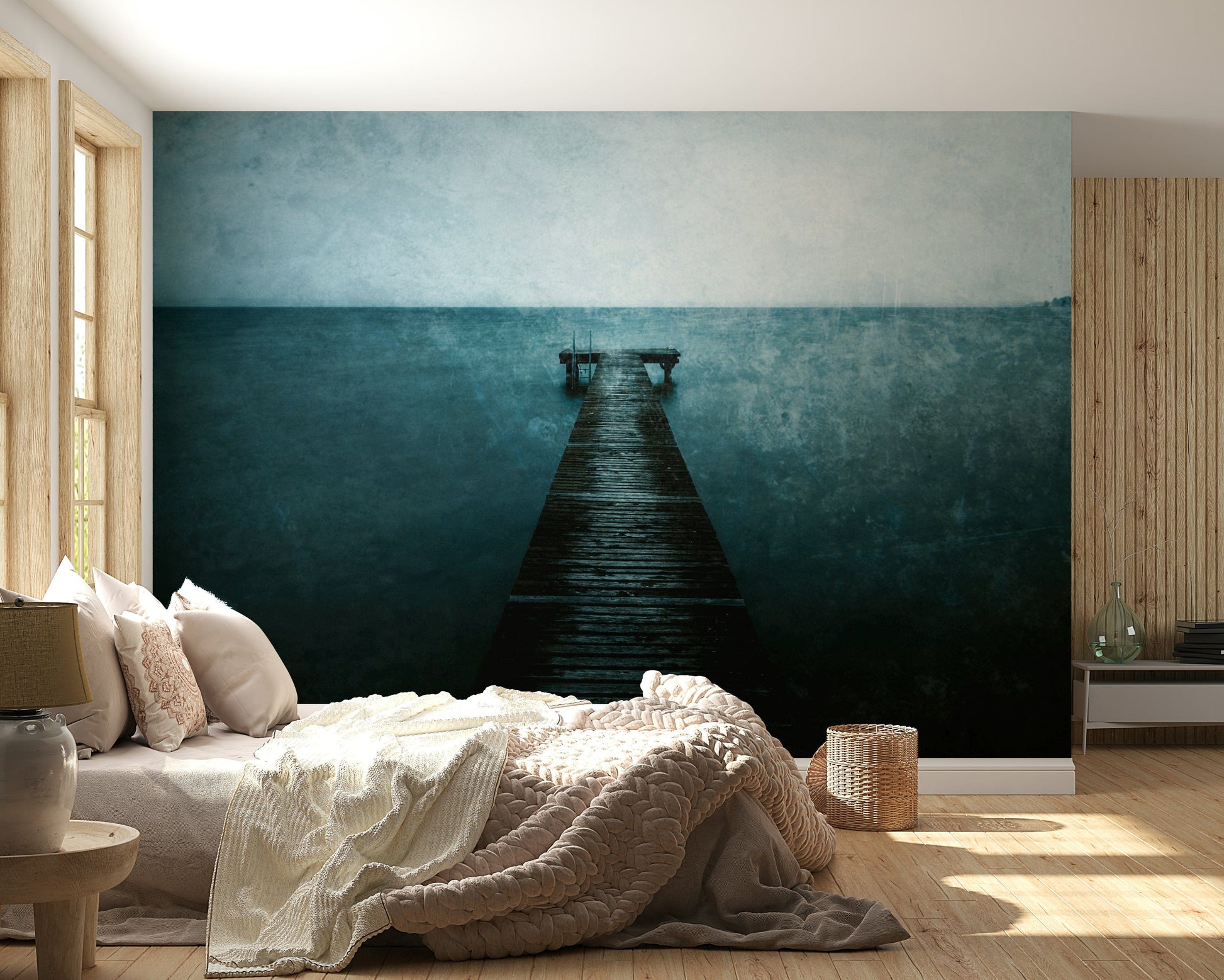 Coastal pier wallpaper in modern apartment lounge, airy look, soft horizon tones
